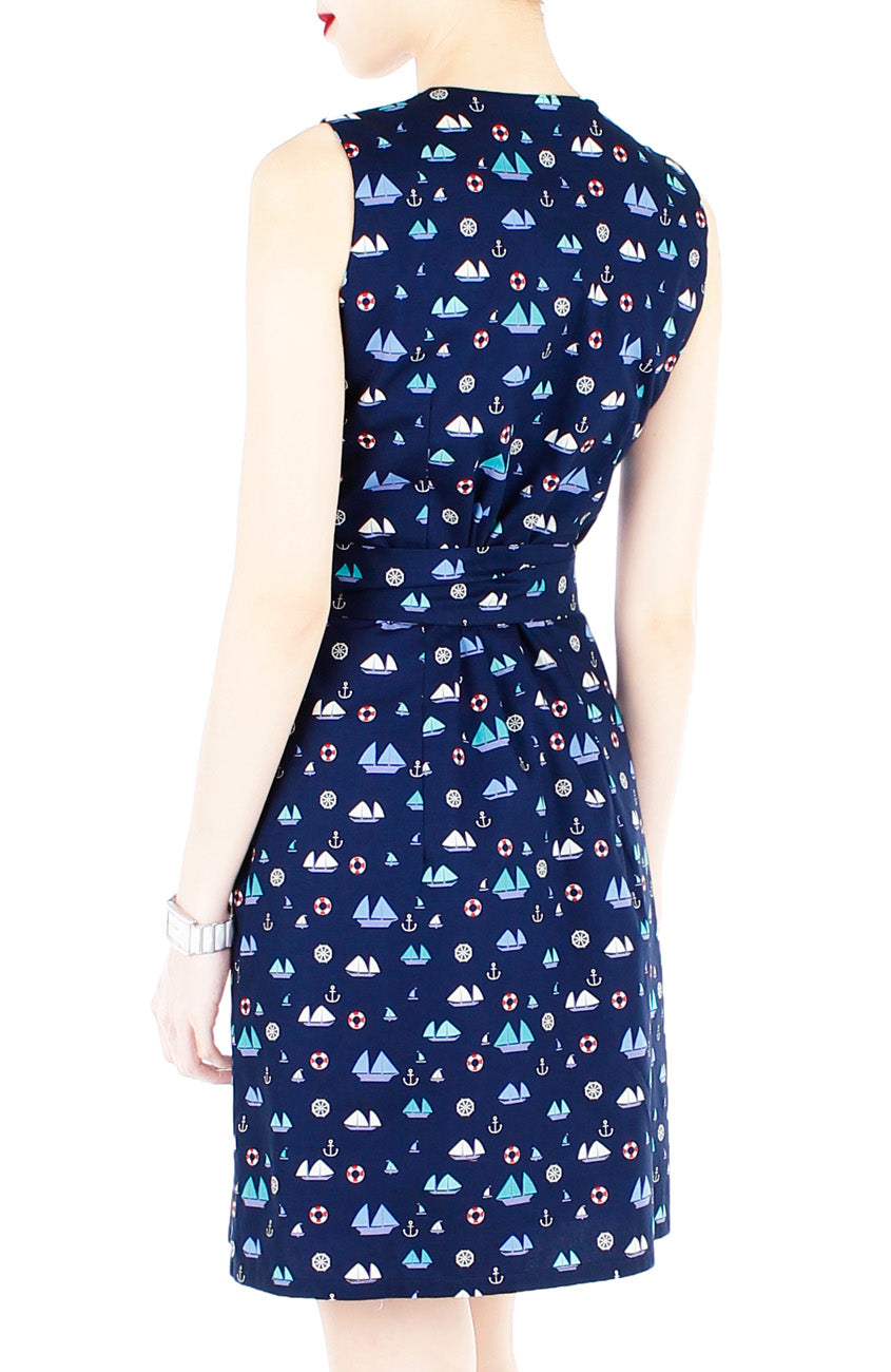 Unstoppably Nautical A-Line Button Down Dress with Belt - Blue Sails