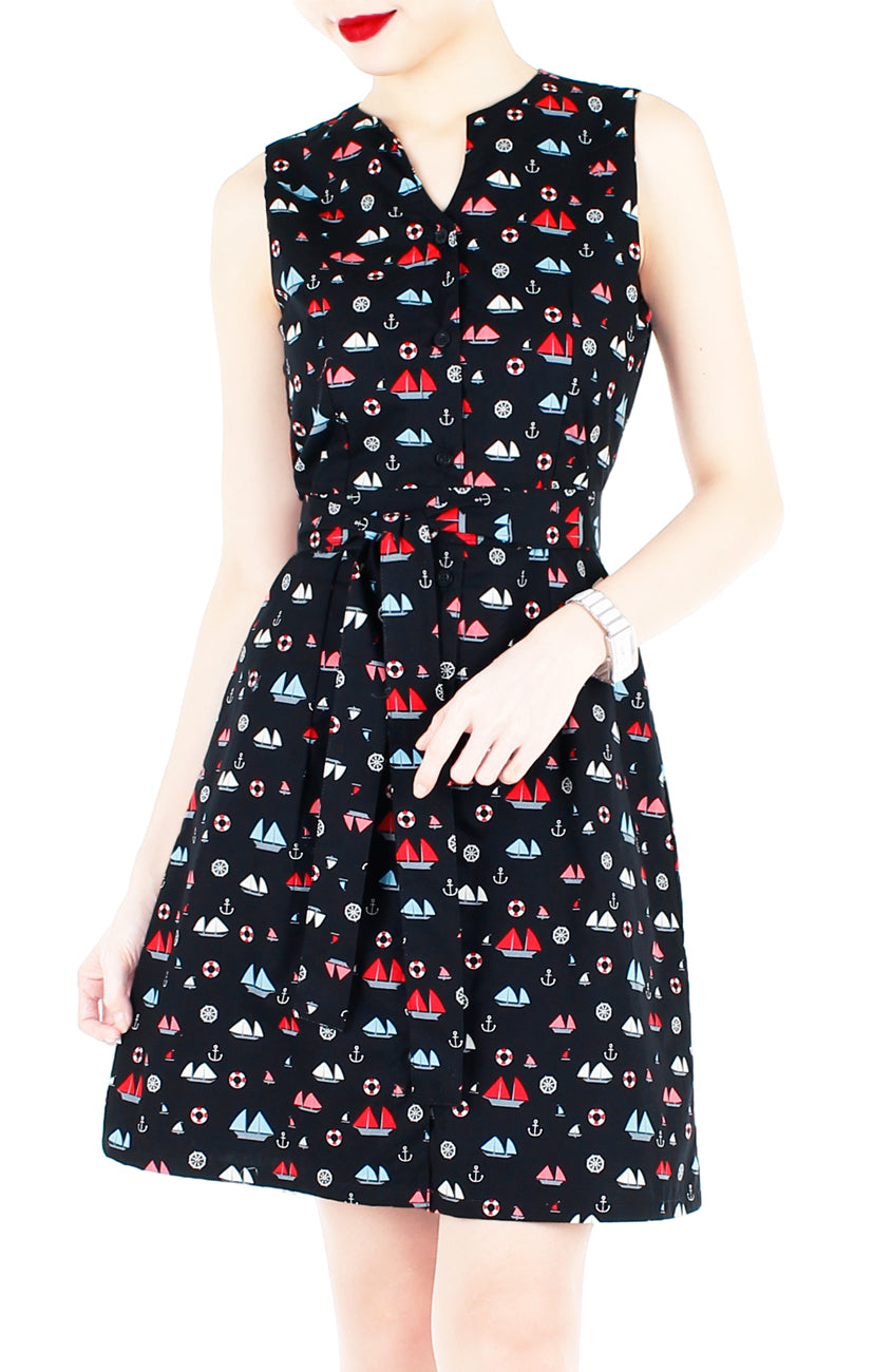 Unstoppably Nautical A-Line Button Down Dress with Belt - Red Sails