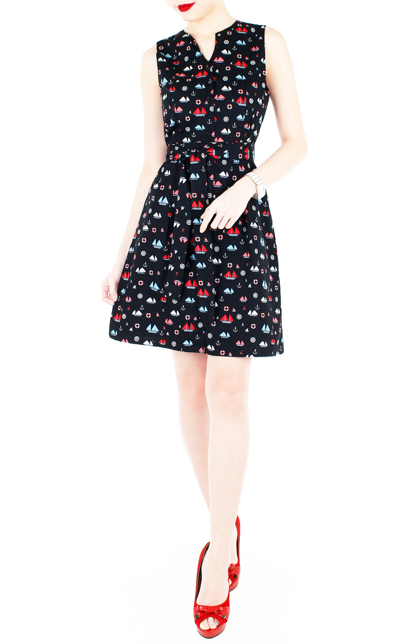 Unstoppably Nautical A-Line Button Down Dress with Belt - Red Sails