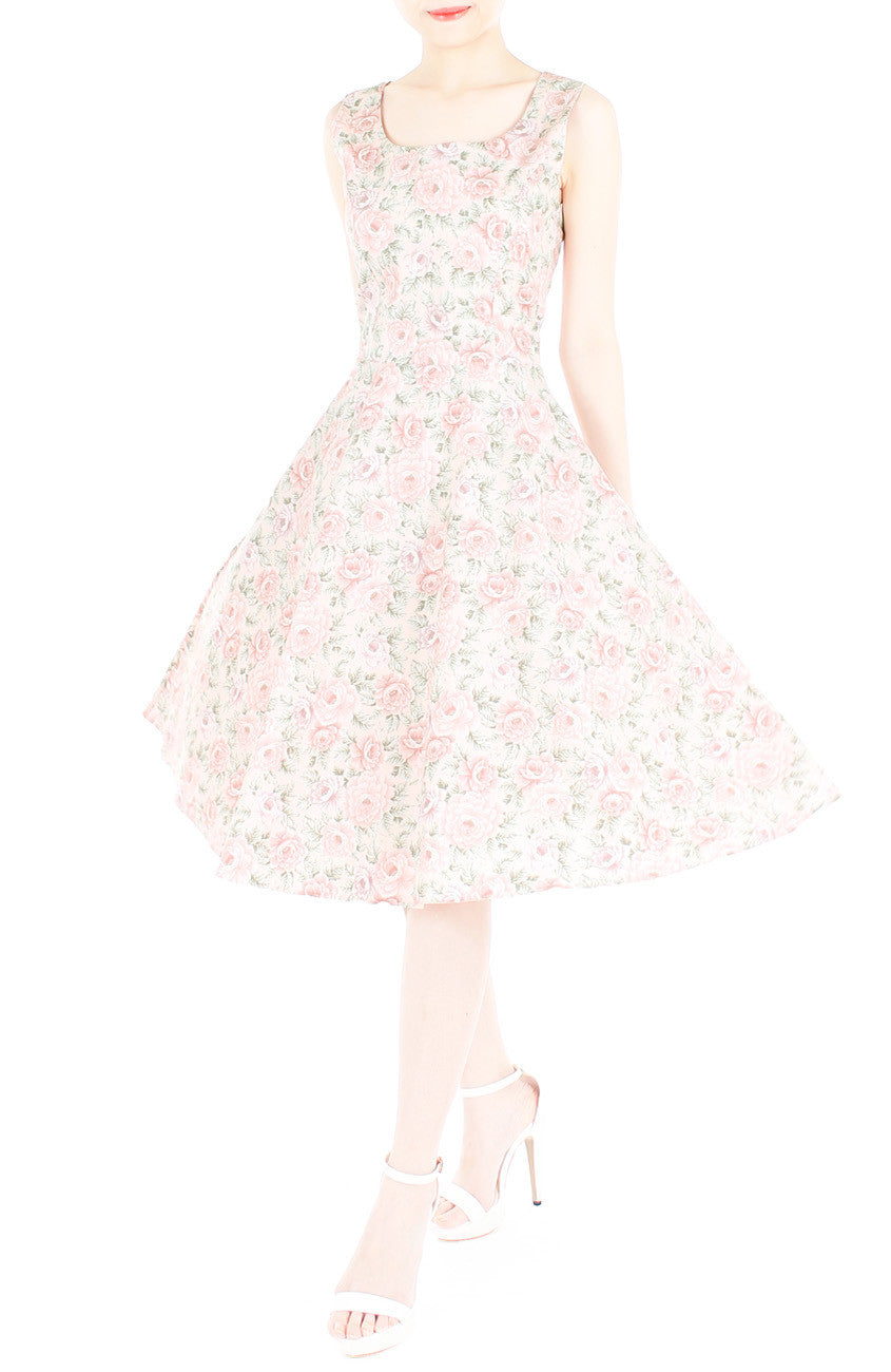 Vintage Dreamy Floral Flare Midi Dress - Light Pink
