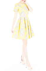 Vintage Heirloom Roses Flare Dress with Short Sleeves - Yellow