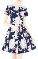 Vintage Heirloom Roses Flare Dress with Short Sleeves - Dark Blue