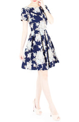 Vintage Heirloom Roses Flare Dress with Short Sleeves - Dark Blue
