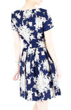 Vintage Heirloom Roses Flare Dress with Short Sleeves - Dark Blue