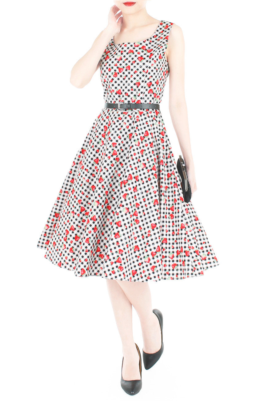 Vintage Strawberry Love Flare Midi Dress