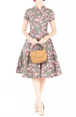 Vintage Olive Peonies Cheongsam with Pearl Buttons