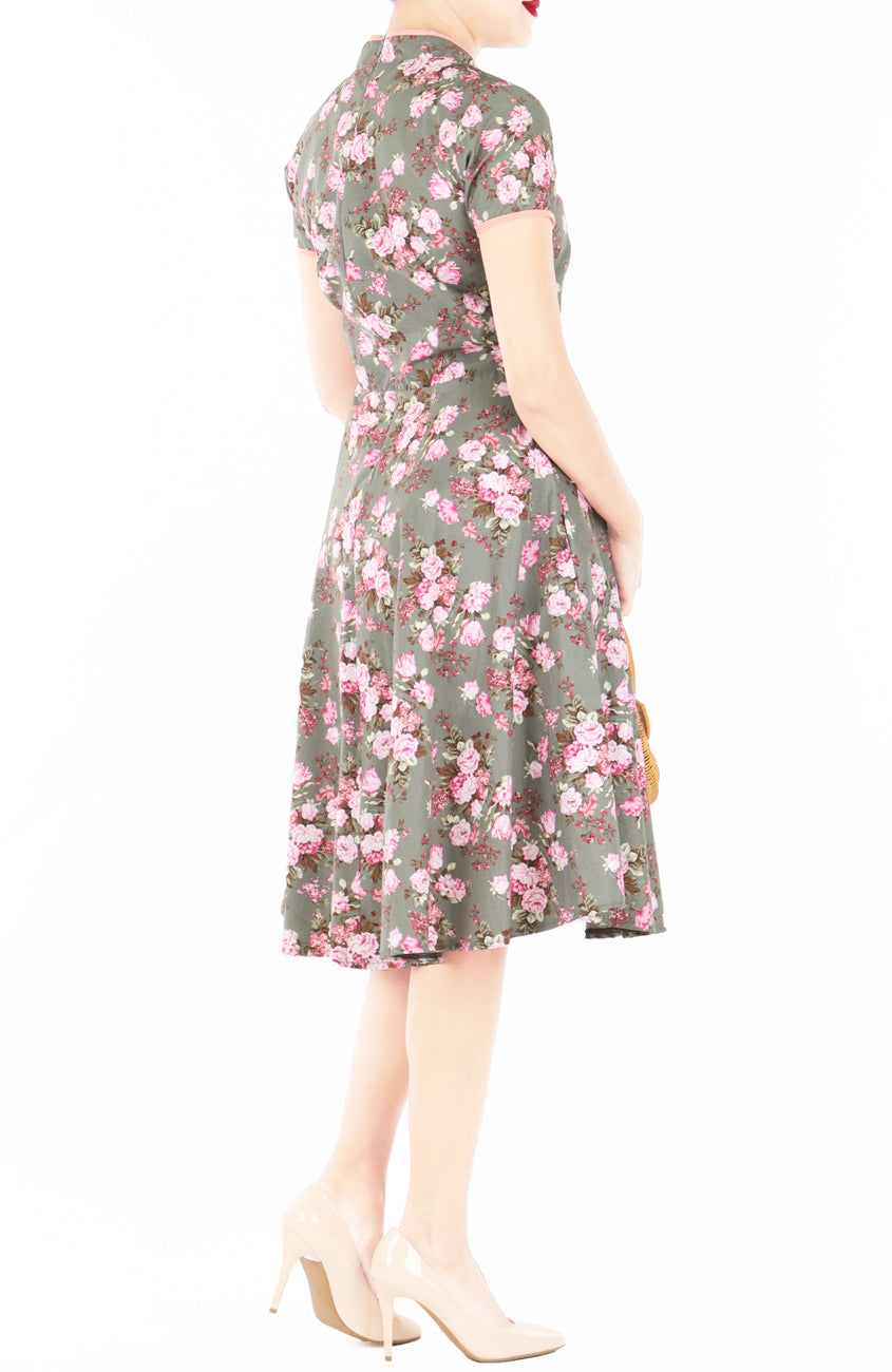 Vintage Olive Peonies Cheongsam with Pearl Buttons