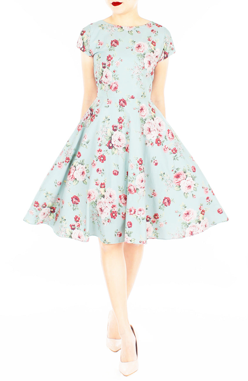Vintage Rose Garden Flare Tea Dress - Powder Blue