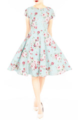 Vintage Rose Garden Flare Tea Dress - Powder Blue