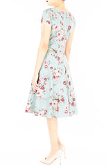 Vintage Rose Garden Flare Tea Dress - Powder Blue