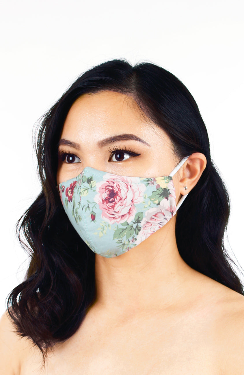 Vintage Rose Garden Pure Cotton Face Mask - Powder Blue