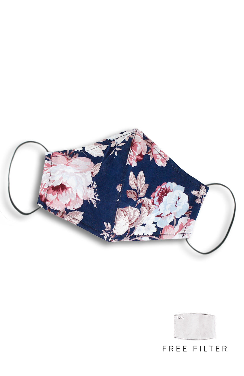 Vintage Tea Rose Pure Cotton Face Mask - Midnight Blue
