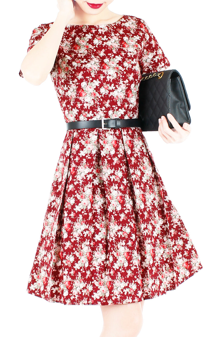 Vintage Blossoms in Mahogany Flare Dress with Short Sleeves