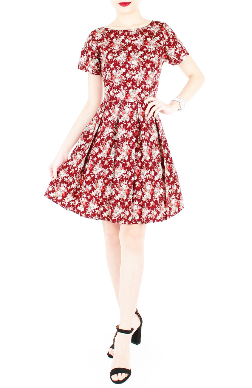 Vintage Blossoms in Mahogany Flare Dress with Short Sleeves