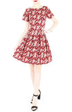 Vintage Blossoms in Mahogany Flare Dress with Short Sleeves