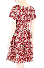 Vintage Blossoms in Mahogany Flare Dress with Short Sleeves