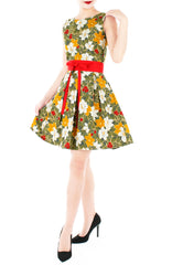 Vintage Christmas Poinsettia Blooms Flare Dress