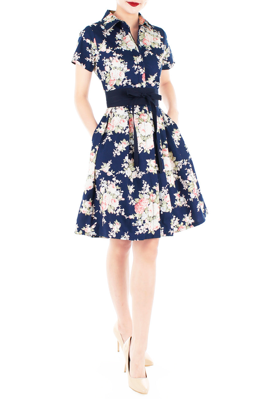 Vintage Heirloom Roses Anna Shirtdress - Dark Blue