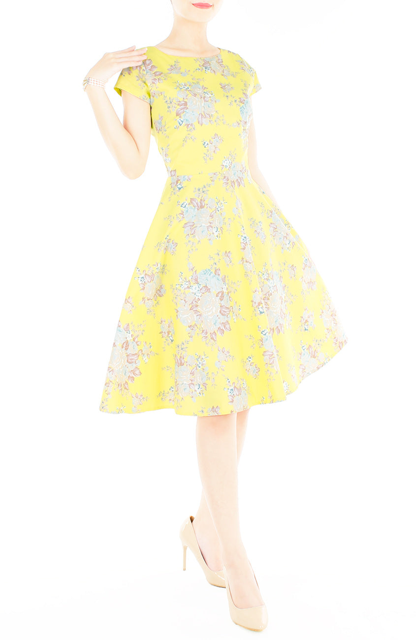 Vintage Heirloom Roses Flare Tea Dress - Yellow
