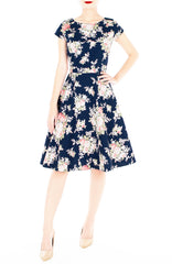 Vintage Heirloom Roses Flare Tea Dress with Cap Sleeves - Dark Blue