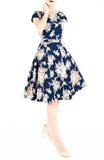 Vintage Heirloom Roses Flare Tea Dress with Cap Sleeves - Dark Blue