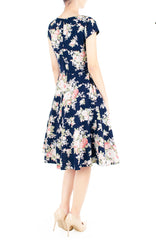 Vintage Heirloom Roses Flare Tea Dress with Cap Sleeves - Dark Blue