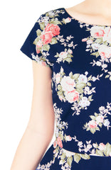 Vintage Heirloom Roses Flare Tea Dress with Cap Sleeves - Dark Blue