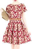 Viva Vintage Floral Flare Dress with Short Sleeves - Burgundy