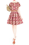 Viva Vintage Floral Flare Dress with Short Sleeves - Burgundy