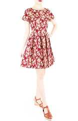 Viva Vintage Floral Flare Dress with Short Sleeves - Burgundy