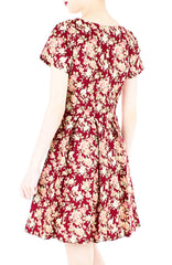 Viva Vintage Floral Flare Dress with Short Sleeves - Burgundy