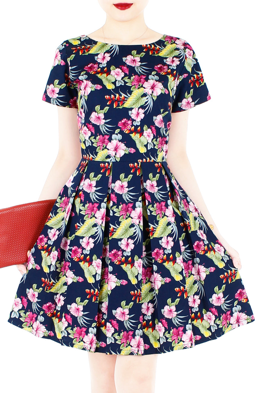Waterfront Tropical Flare Dress with Short Sleeves