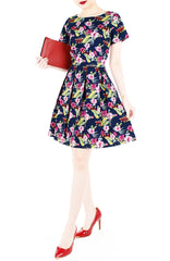 Waterfront Tropical Flare Dress with Short Sleeves