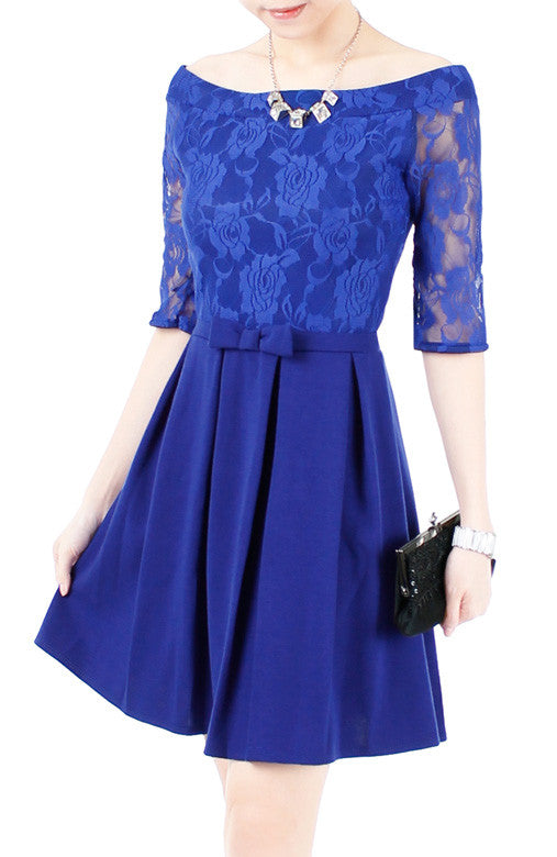 Aperitif Dreams Off Shoulder Lace Flare Dress - Cobalt Blue