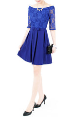 Aperitif Dreams Off Shoulder Lace Flare Dress - Cobalt Blue