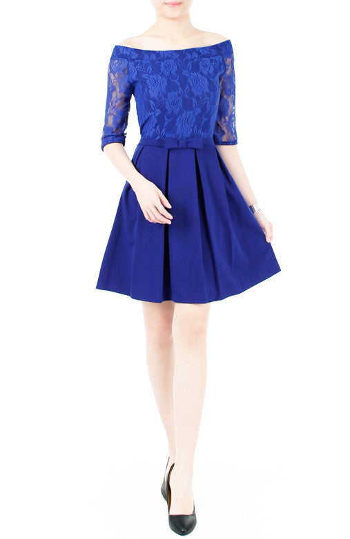 Aperitif Dreams Off Shoulder Lace Flare Dress - Cobalt Blue