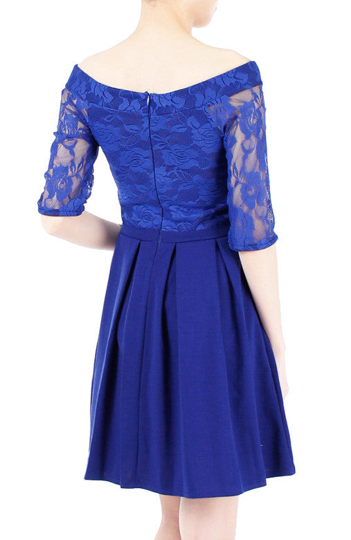 Aperitif Dreams Off Shoulder Lace Flare Dress - Cobalt Blue
