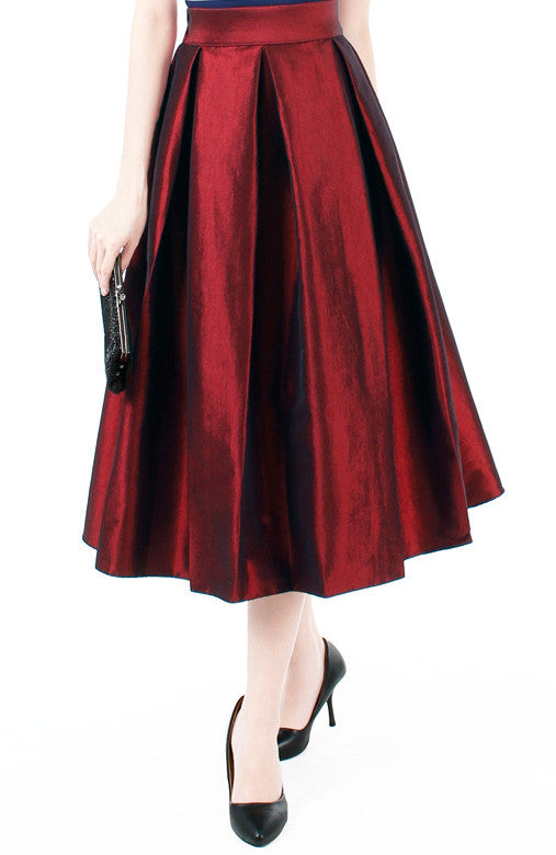Magnificence Satin Flare Midi Skirt - Ruby Red