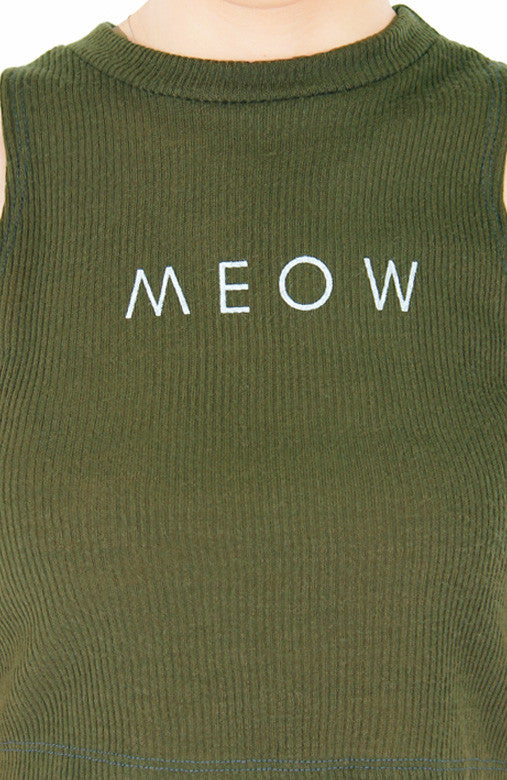 ‘MEOW’ Enforcement Ribbed Crop Top - Olive Green
