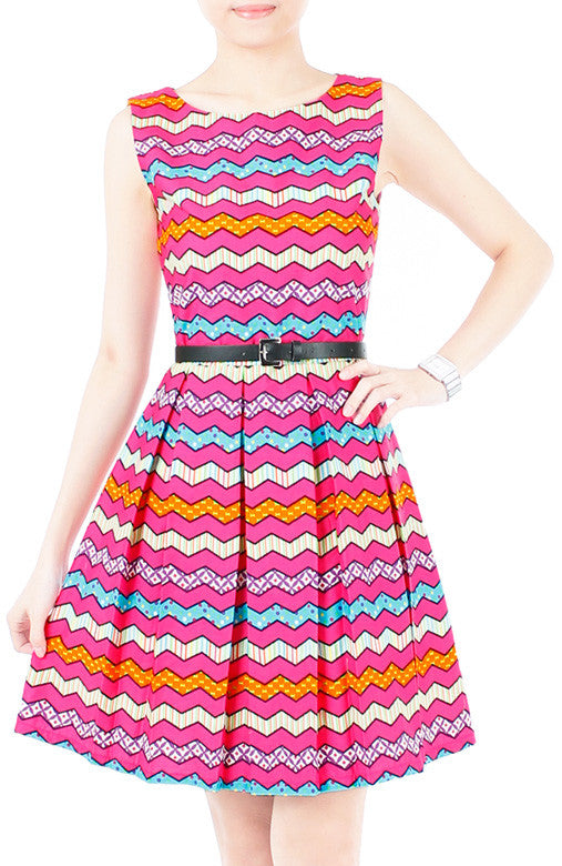 Christmas Chevron Patchwork Flare Dress - Hot Pink