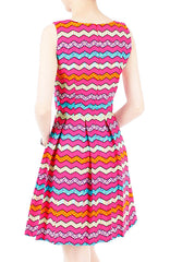 Christmas Chevron Patchwork Flare Dress - Hot Pink