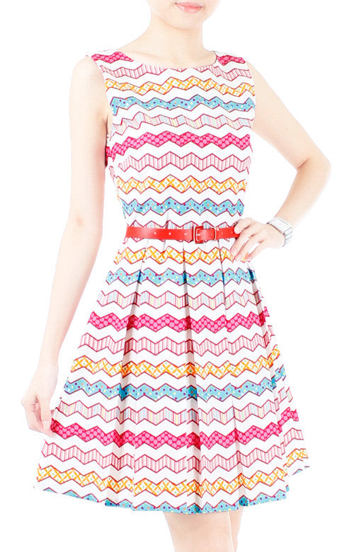 Christmas Chevron Patchwork Flare Dress - White