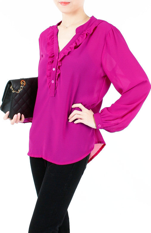 Sweet Crepe Long Sleeve Blouse - Magenta Pink