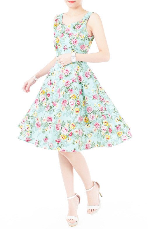 Viva Violet Floral Midi Flare Dress - Light Blue